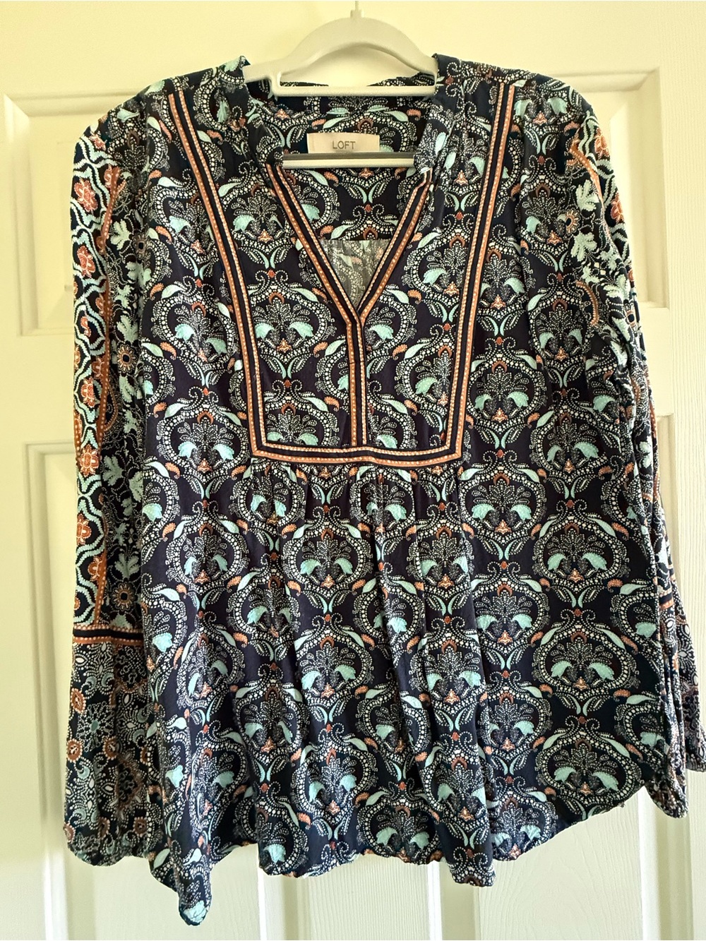 LOFT Navy Paisley V-Neck Long Sleeve Tunic with Mint Accents